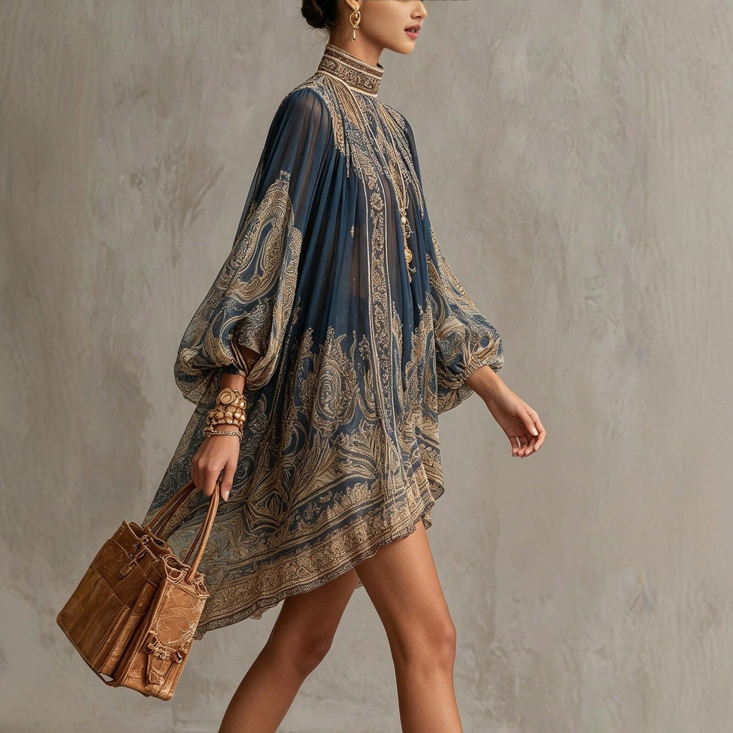 Navy Blue Printed Puff Sleeve Stand Collar Dress – Loose Boho Asymmetric Hem Dress for Women