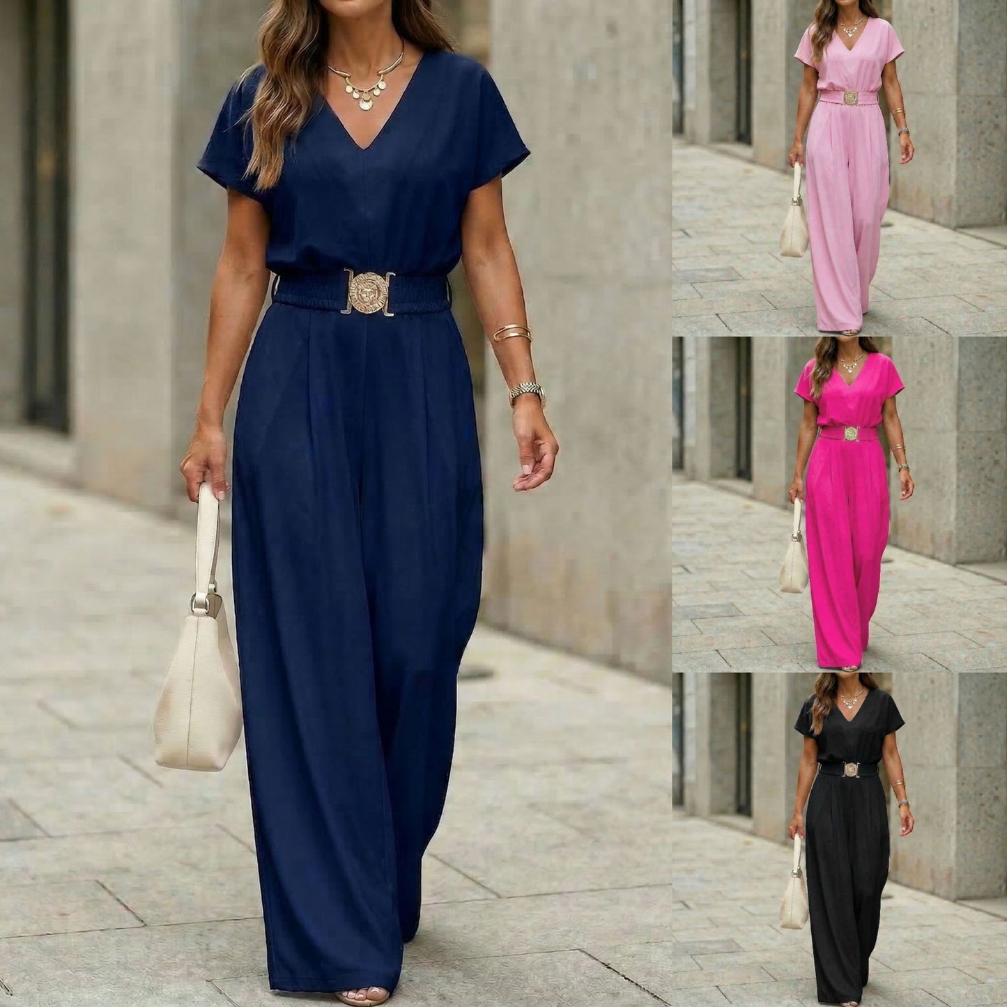 Women's V-Neck Belted Wide-Leg Jumpsuit