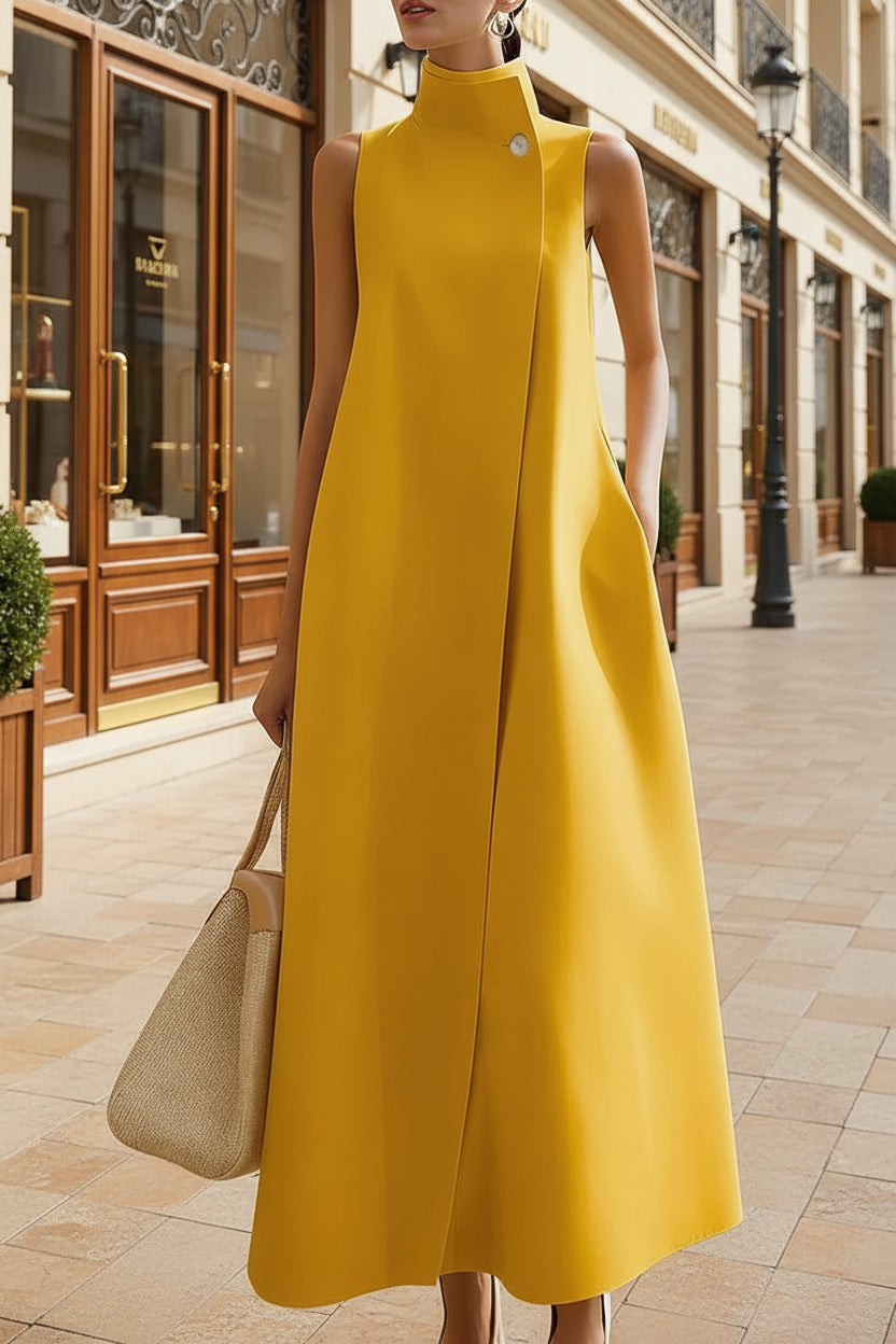 Elegant Sleeveless Long Dress – Stand Collar Office & Casual Dress