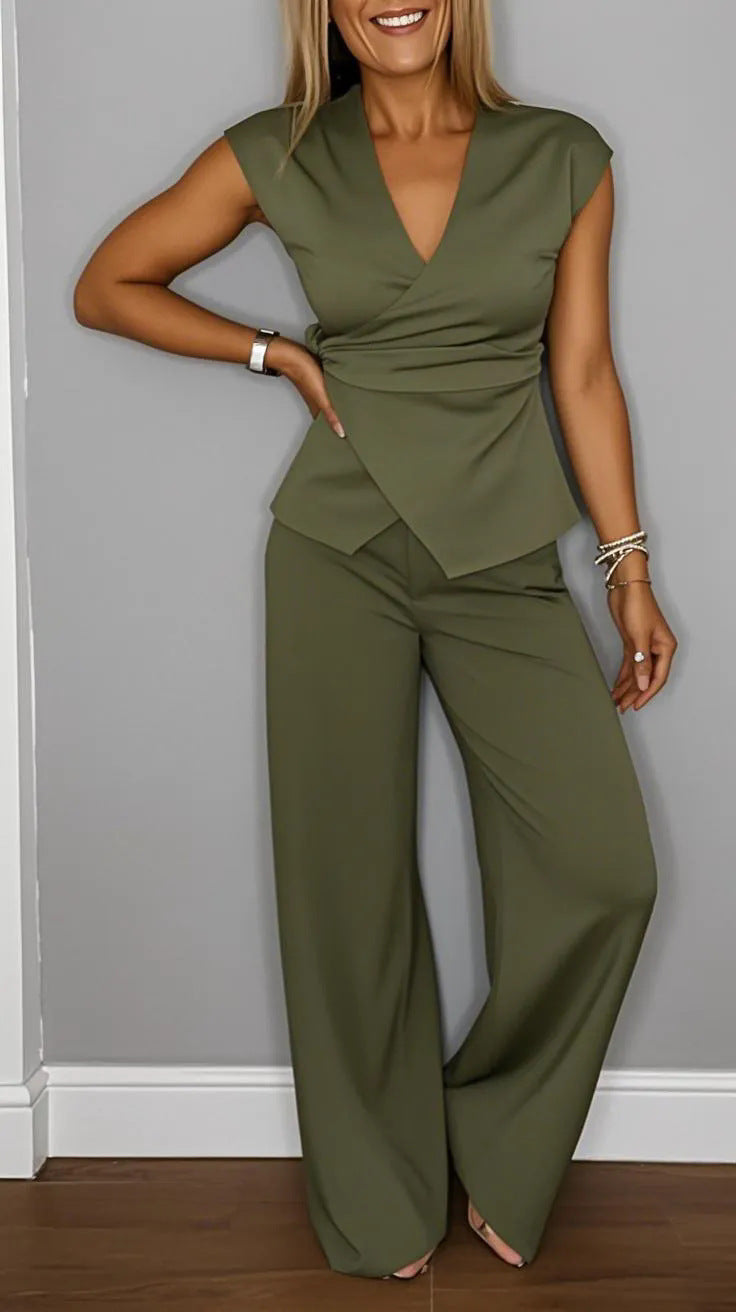 Women's Pleated Vest & Pants Set – Metal Buckle Detail