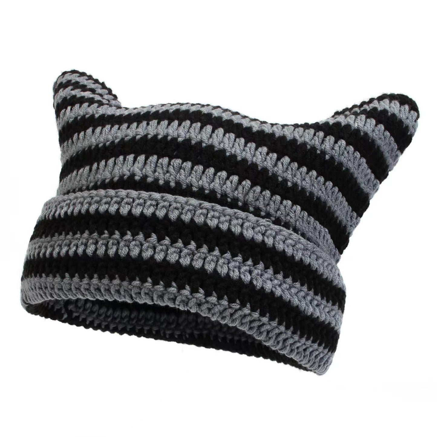 Women’s Hand Knitted Striped Cat Hat – Cute Warm Winter Beanie