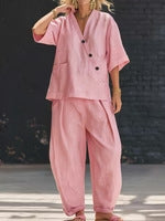 V-Neck Short Sleeve Top & High-Waist Trousers Two-Piece Set