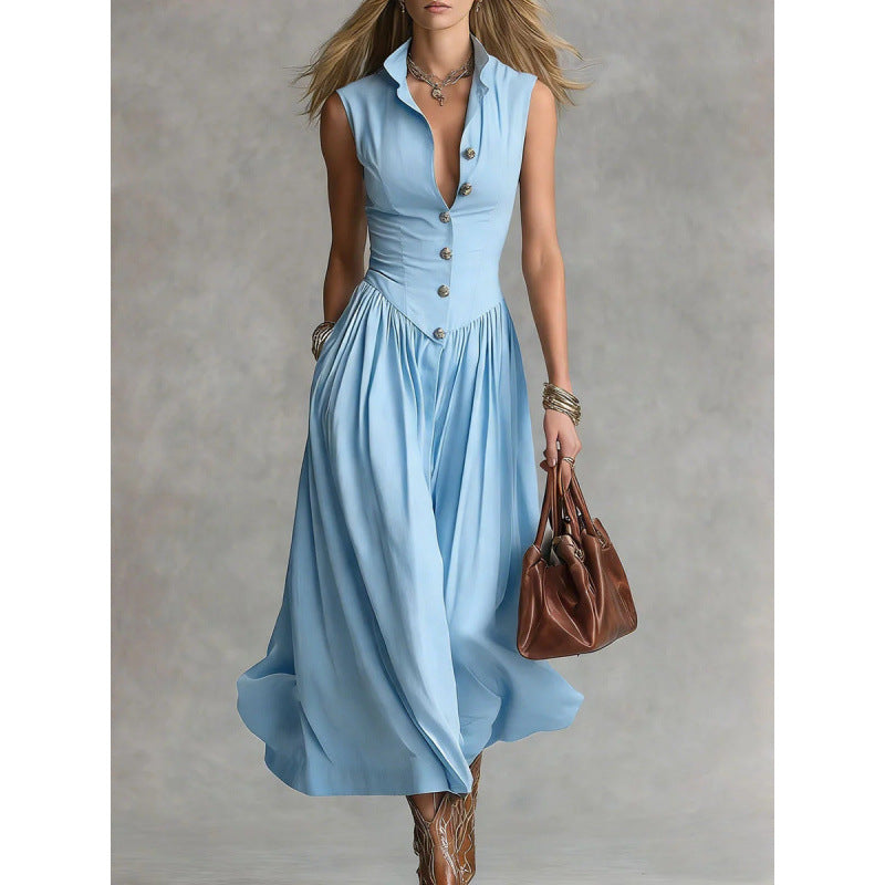 Women's Sleeveless Lapel Collar Maxi Dress – Slim Fit Patchwork