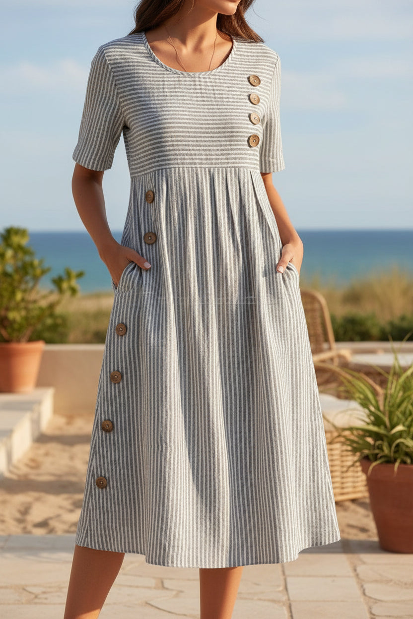 Button-Down Swing Maxi Dress – Short Sleeve Pocket Pullover Long Dress