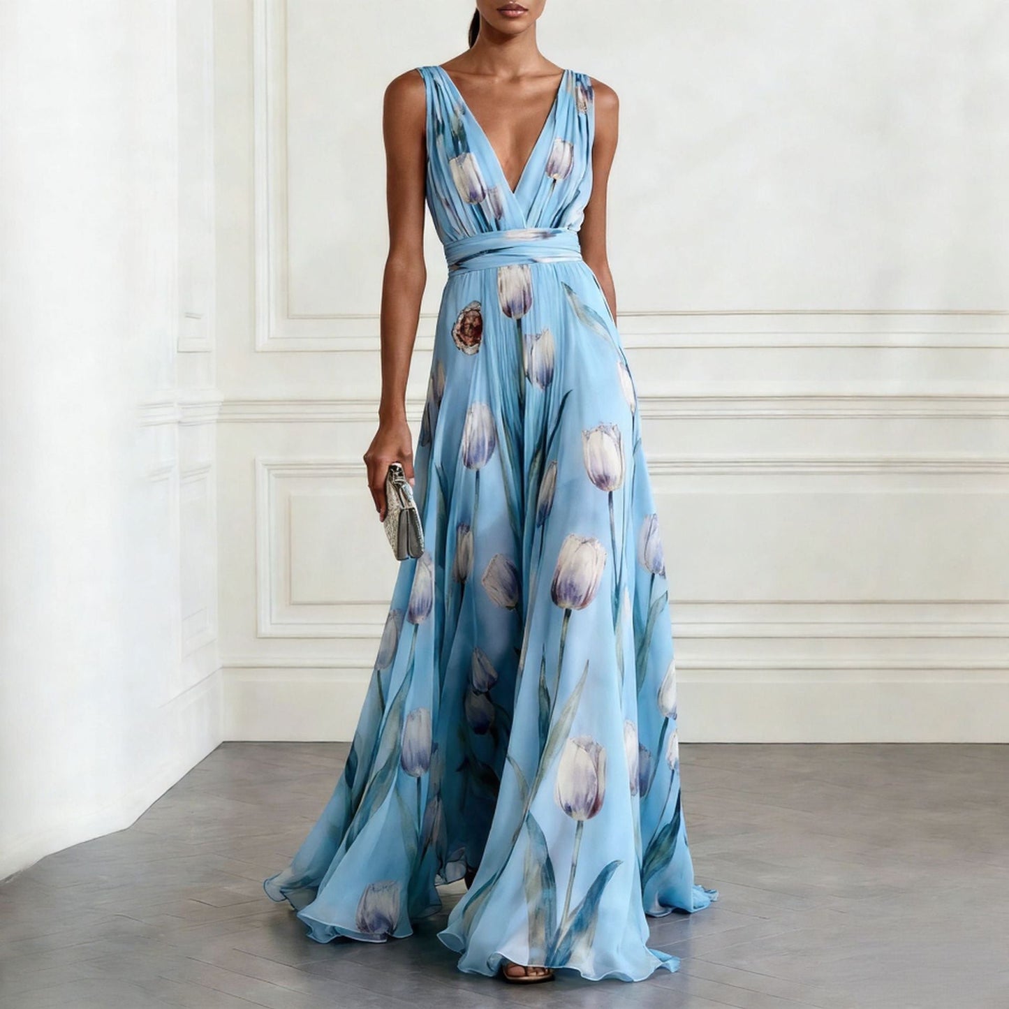 Women's Tulip Print Sleeveless Deep V-Neck A-Line Maxi Dress – 7 Colors