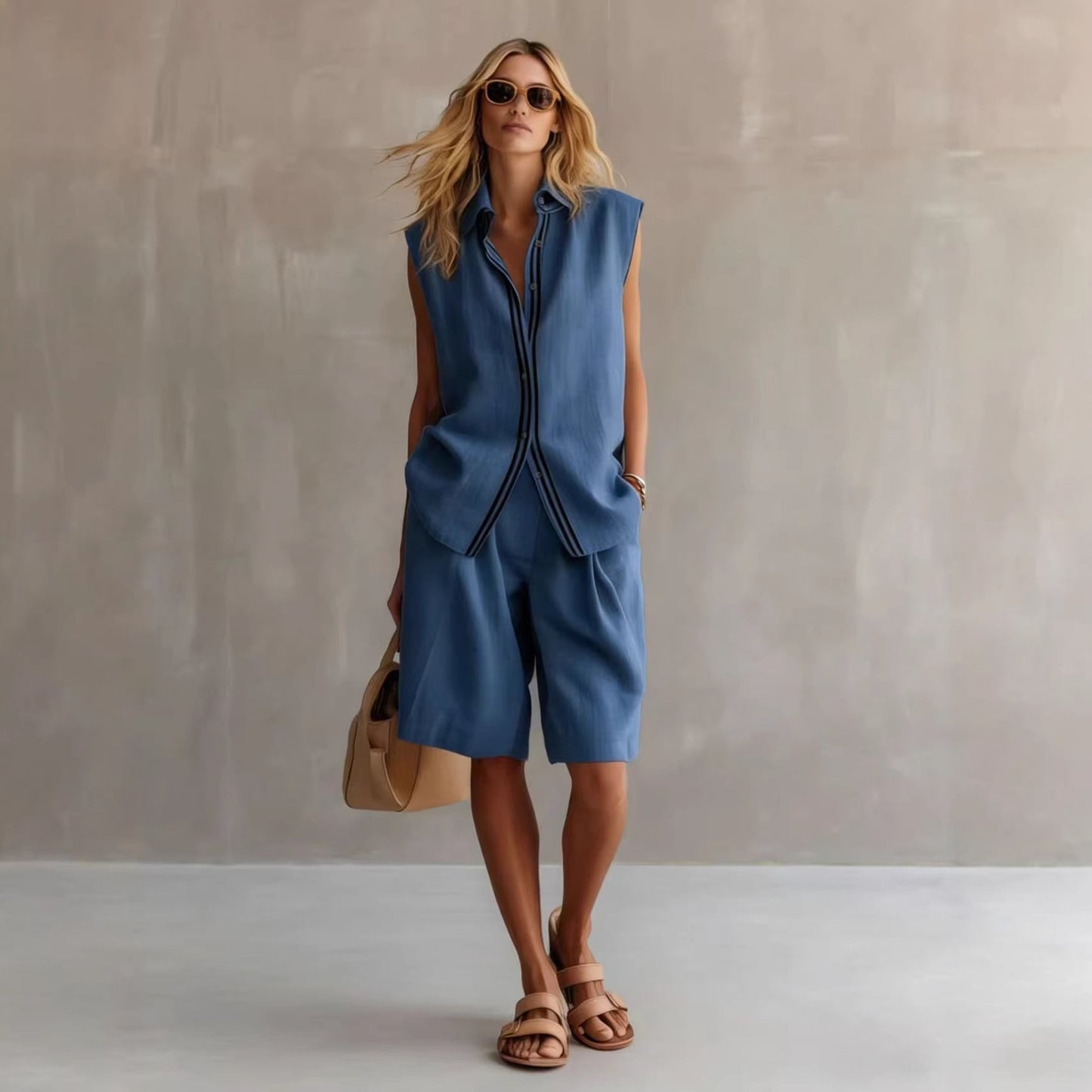 Women's Linen Shirt and Shorts Set – Sleeveless Summer Two-Piece