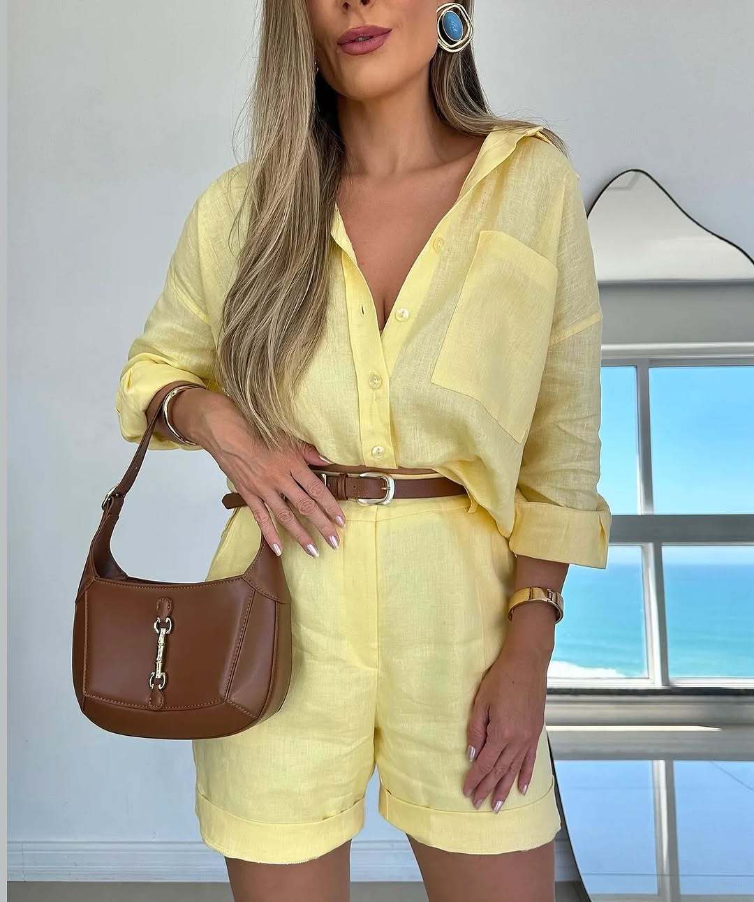 Women's Casual Long-Sleeve Shirt & Shorts Set – Cotton 2-Piece