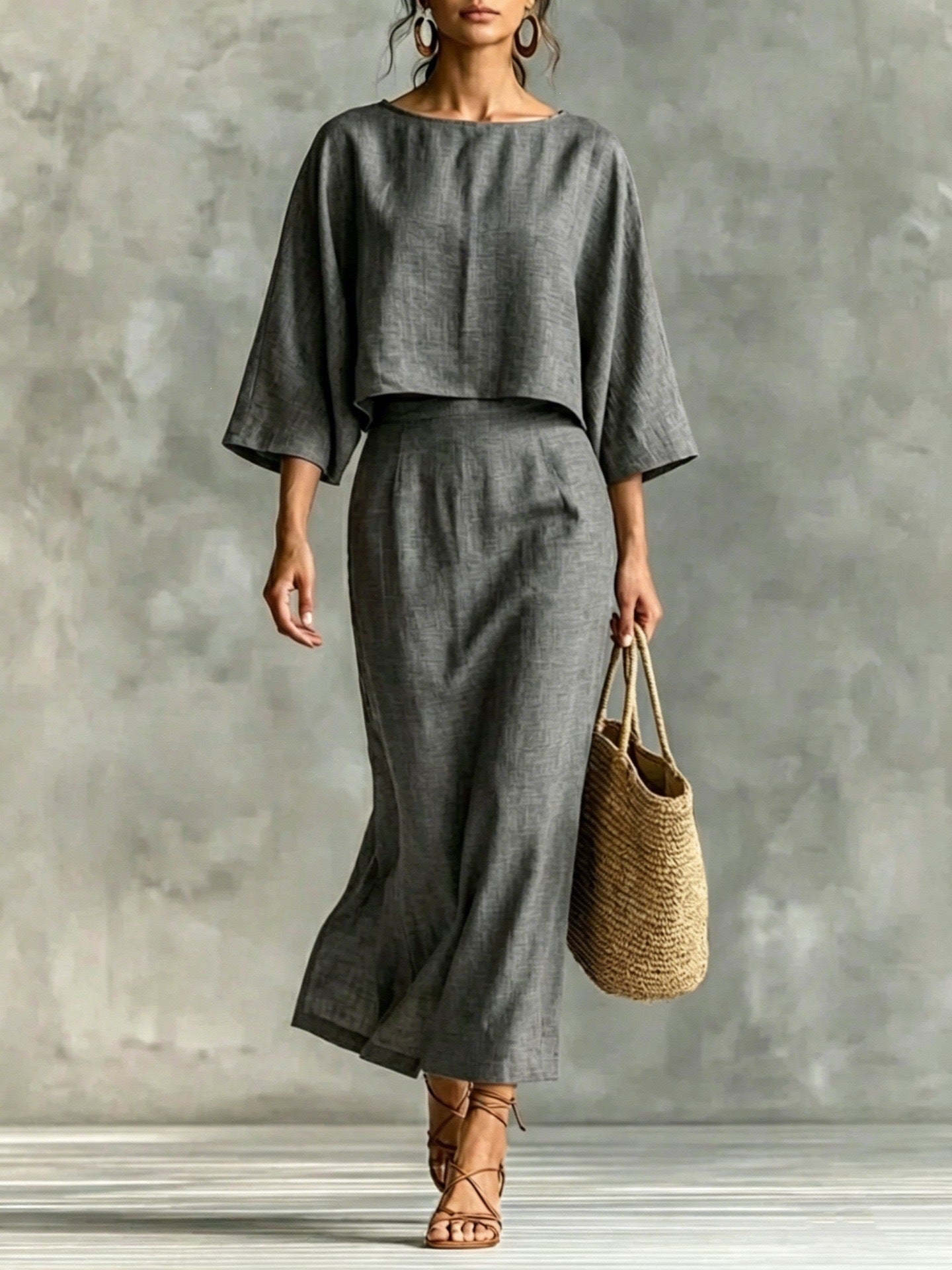 High Waist Long Skirt & 3/4 Sleeve Loose Top Set