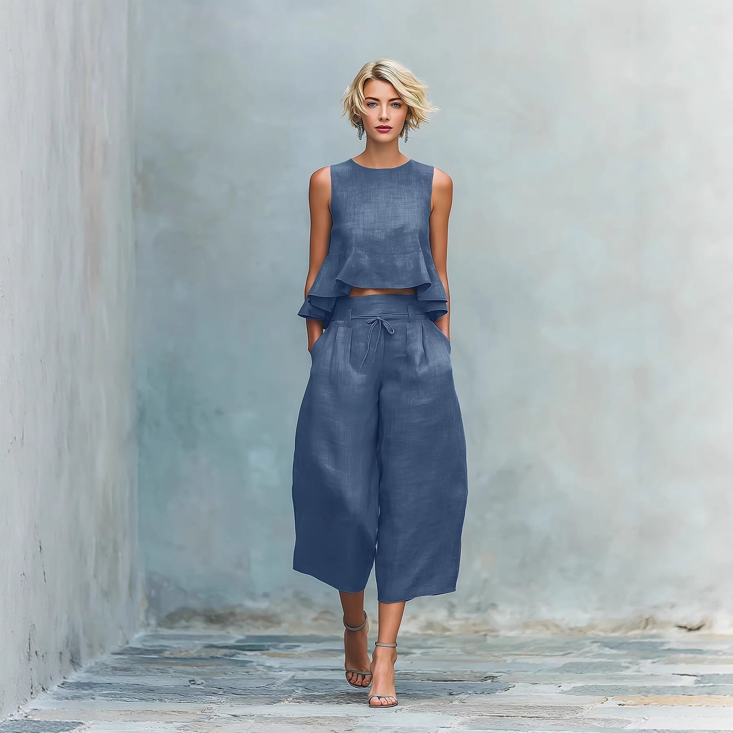 Women's Linen-Blend Sleeveless Two Piece Set with Ruffled Detailing
