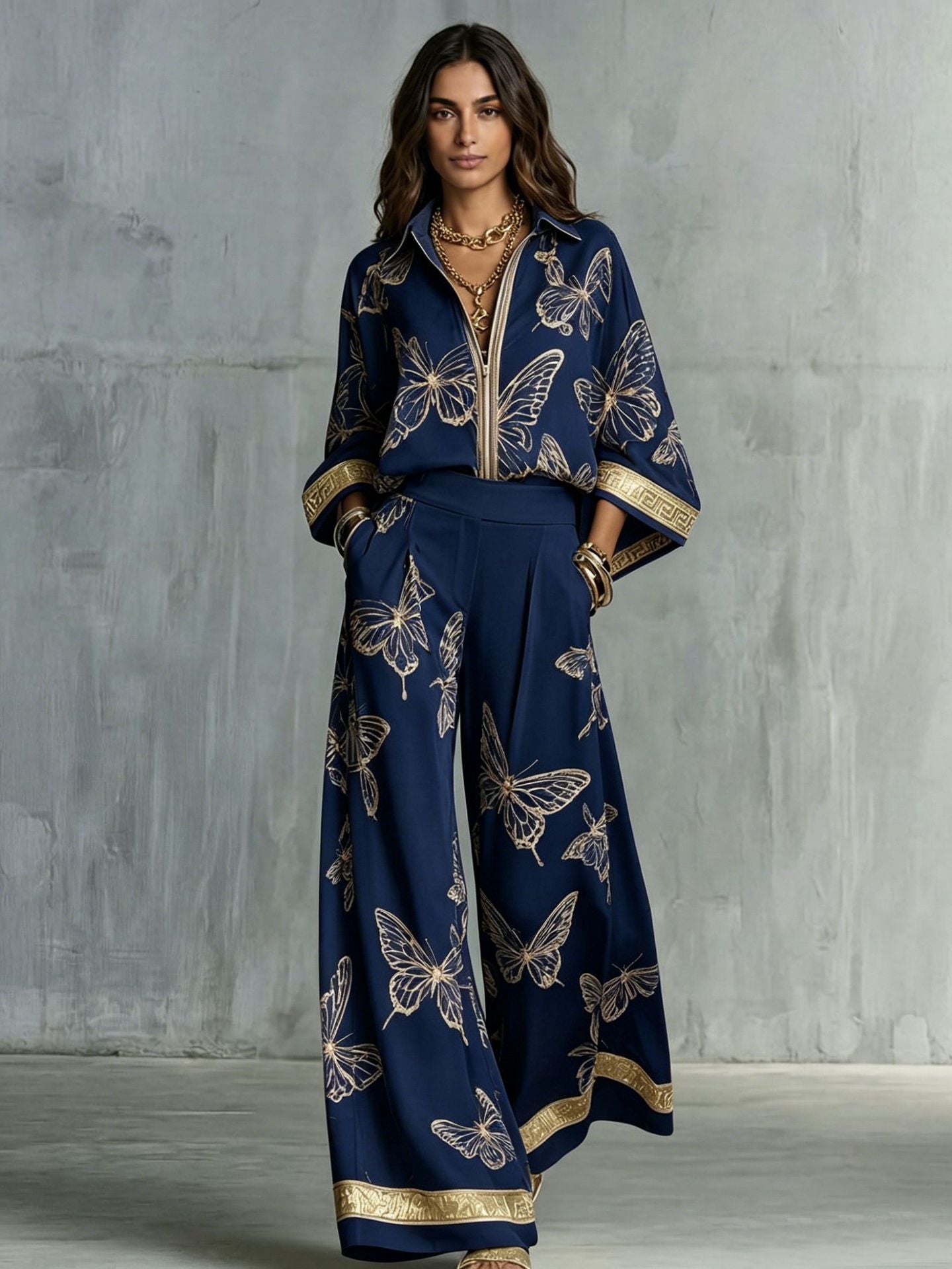 Women's Deep V-Neck Zipper Top & Wide Leg Pants Two-Piece Set