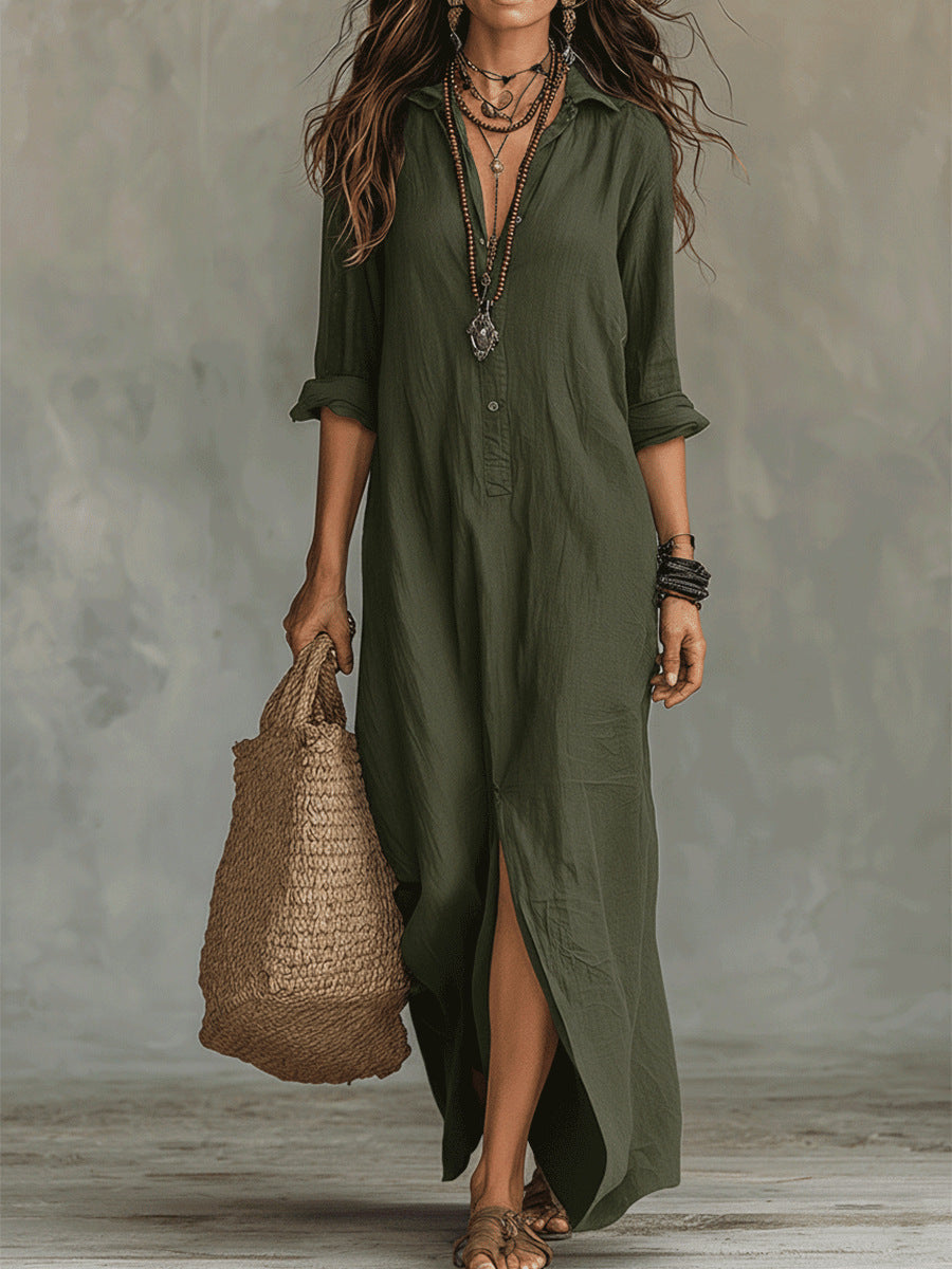 Women's Solid Color Notch Lapel Front Slit Maxi Dress | Casual Long Shirt Dress