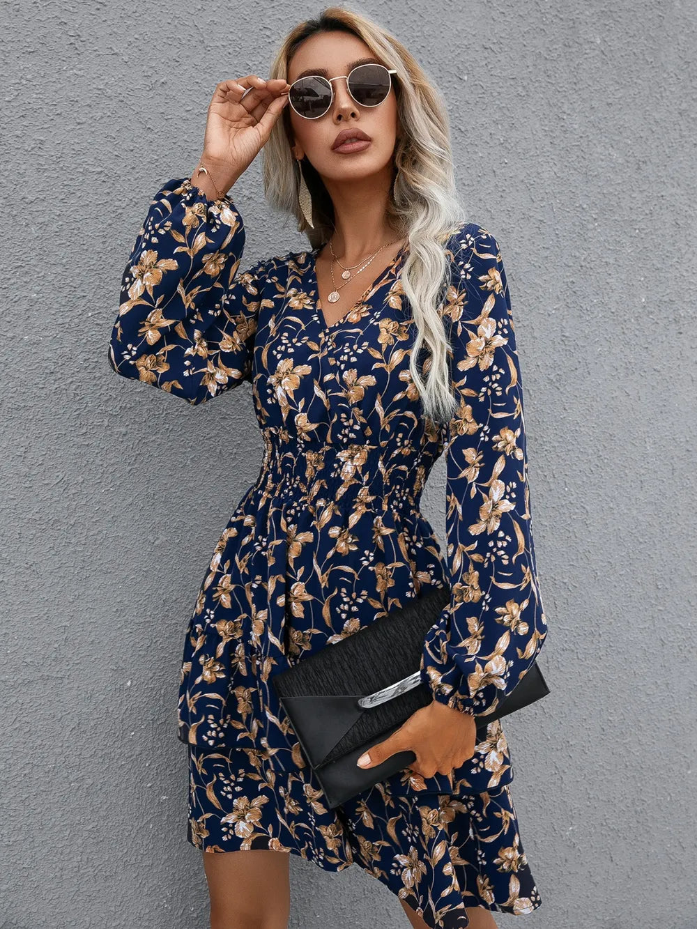 🌸 Floral Layered Surplice Balloon Sleeve Dress
