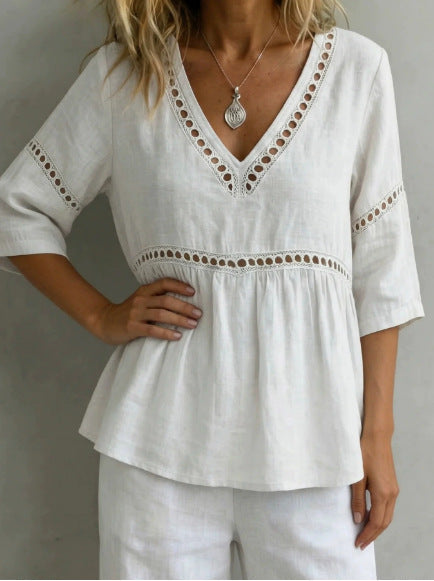 Women's V-Neck Hollow-Out Fringe Cotton-Linen Top