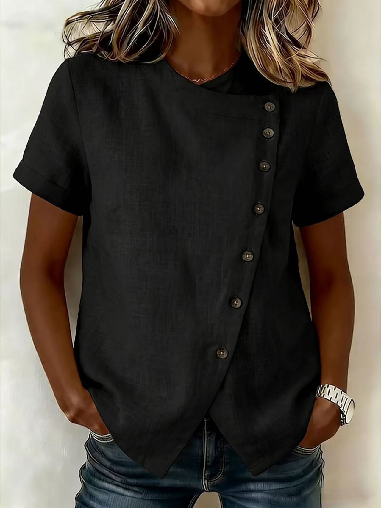 Women's Cross-Neckline Asymmetrical Hem Cotton Linen Top – Loose Fit