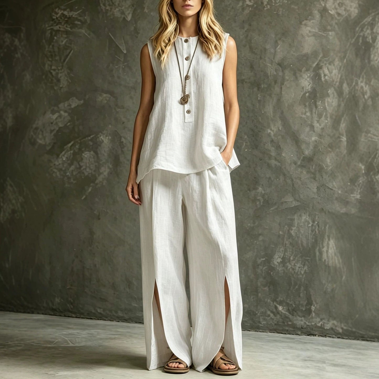 Women's Loose Sleeveless Tank Top & Slit Wide-Leg Pants Two-Piece Set