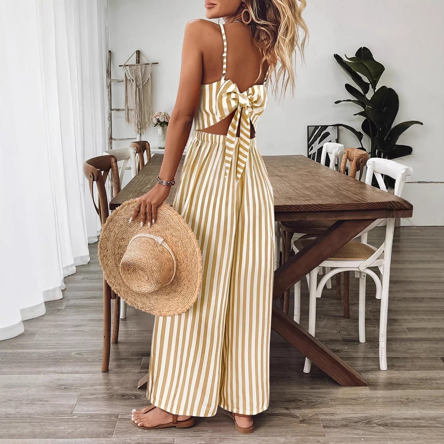 Printed Backless Sleeveless Strap Jumpsuit | Ginger Yellow