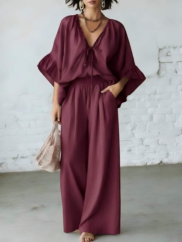 Women's Loose-Fit V-Neck Top & Wide-Leg Pants Two-Piece Set