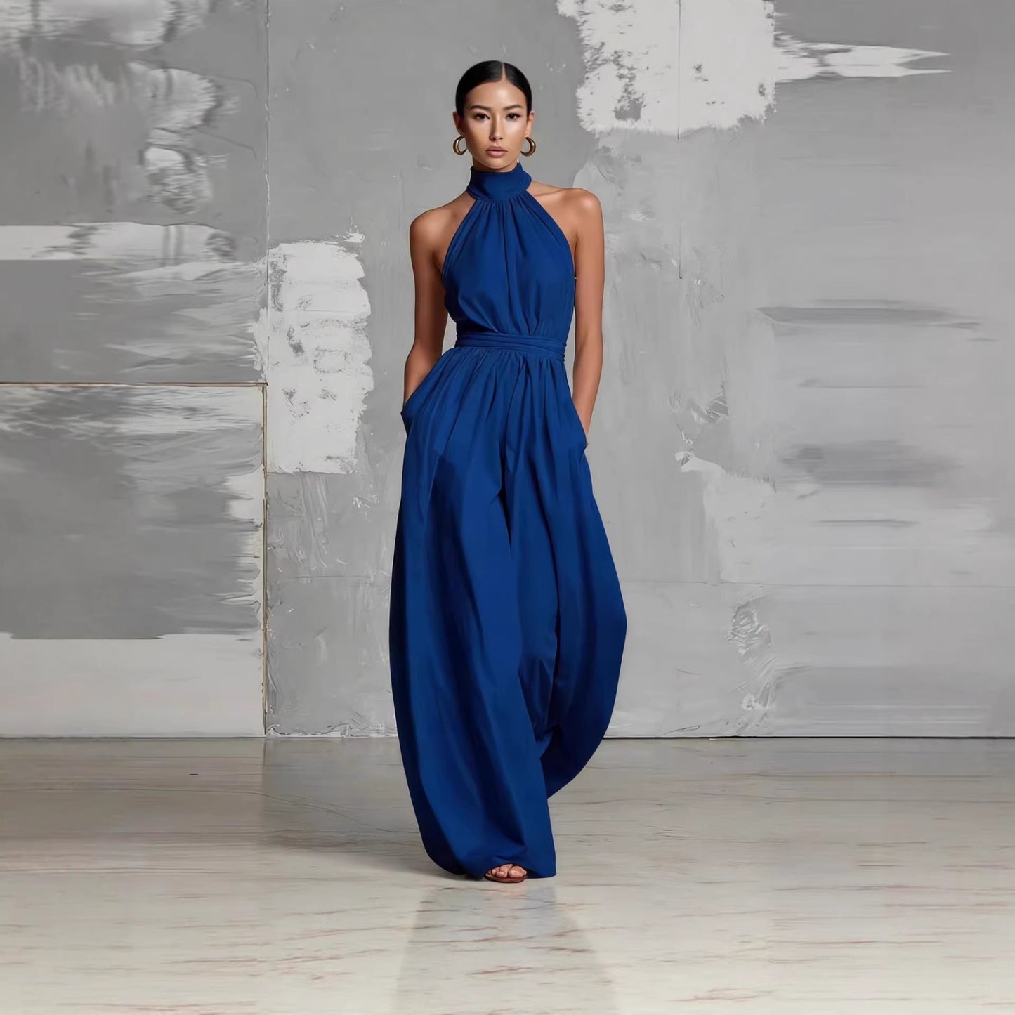 Women's Belted Pleated Jumpsuit – High-Waist Cinched Sleeveless