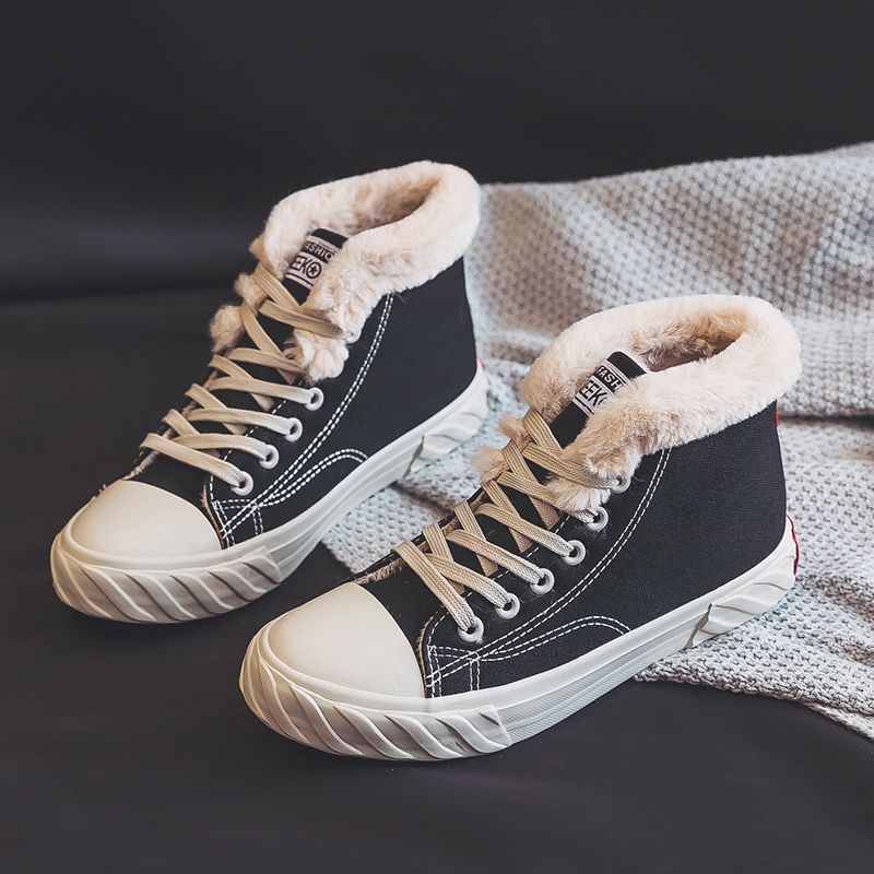 Women’s Warm Black Winter Thick Flat High-Top Velvet Canvas Shoes
