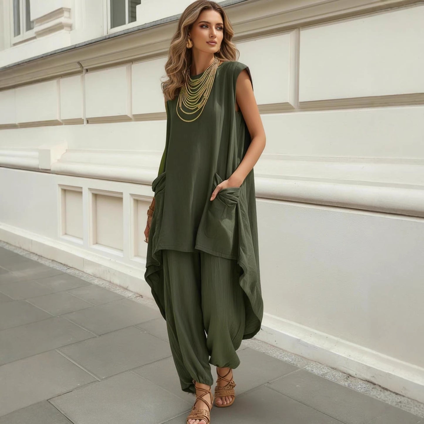 Sleeveless 3D-Cut Resort Two-Piece Set | Top & Pants