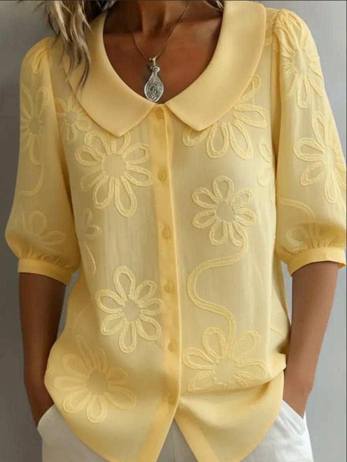 Women's Loose-Fit Retro 3D Embroidered Floral Shirt – Buttoned Casual Top