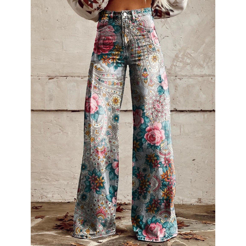 Women's Printed Flare Pants – Mid-Waist Full Length Plus Size