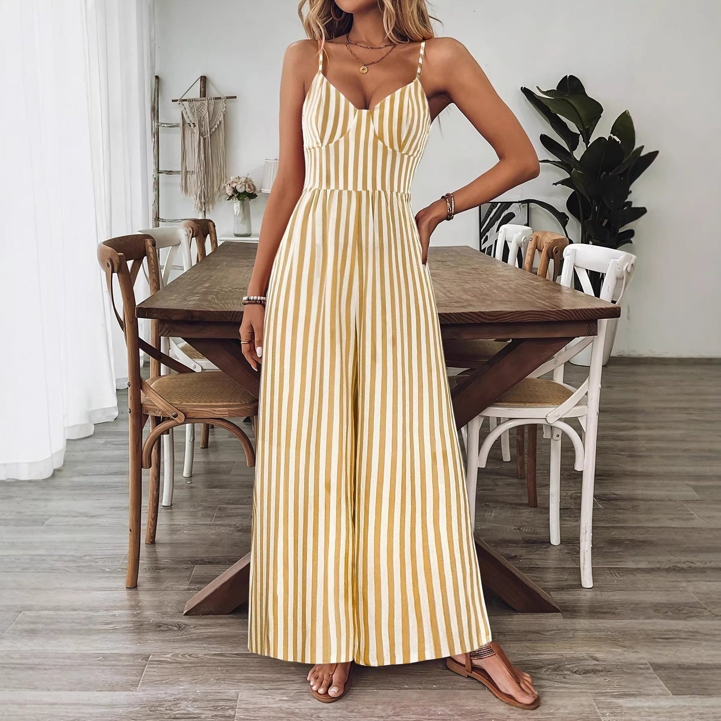 Printed Backless Sleeveless Strap Jumpsuit | Ginger Yellow