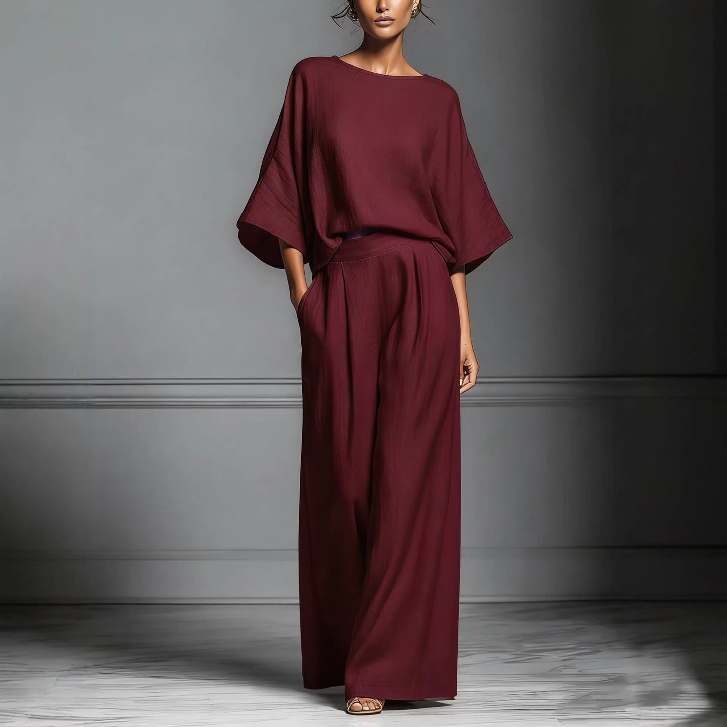 Women’s Flared-Sleeve Linen Suit Two Piece Set
