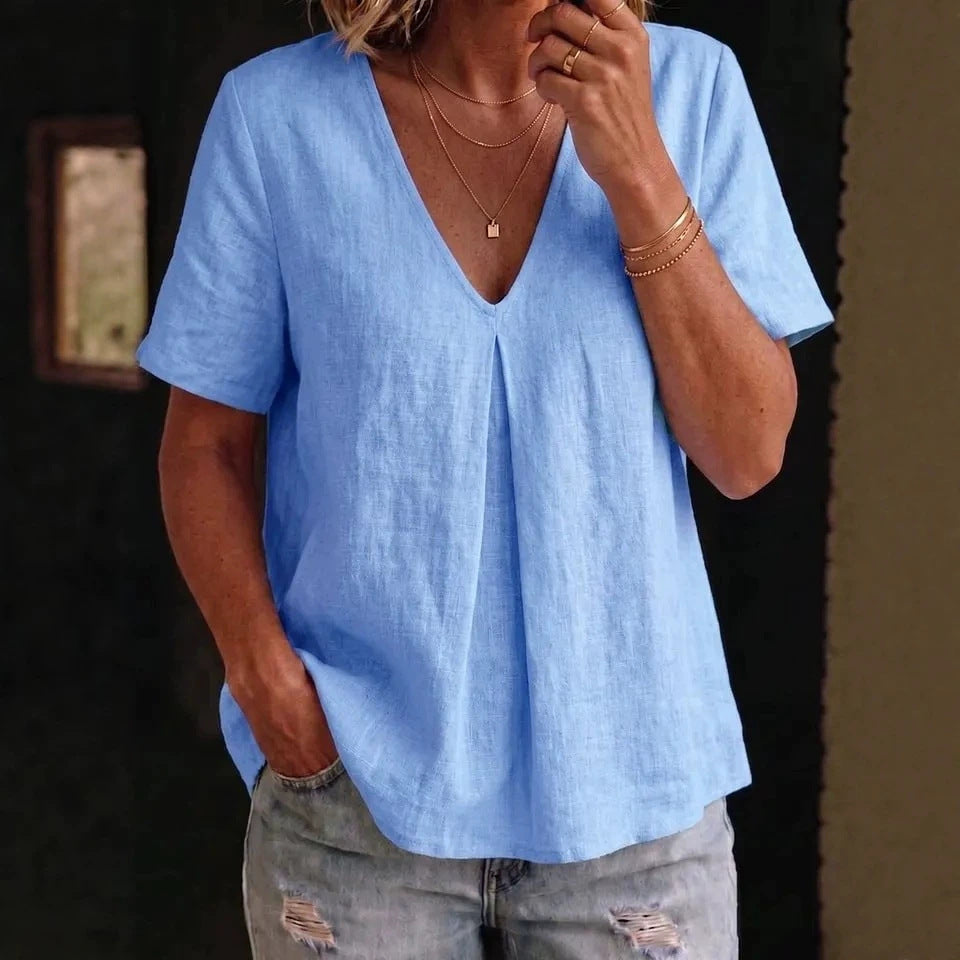 Women's Pleated Cotton-Linen Short-Sleeve Shirt – 5 Colors S–XXL