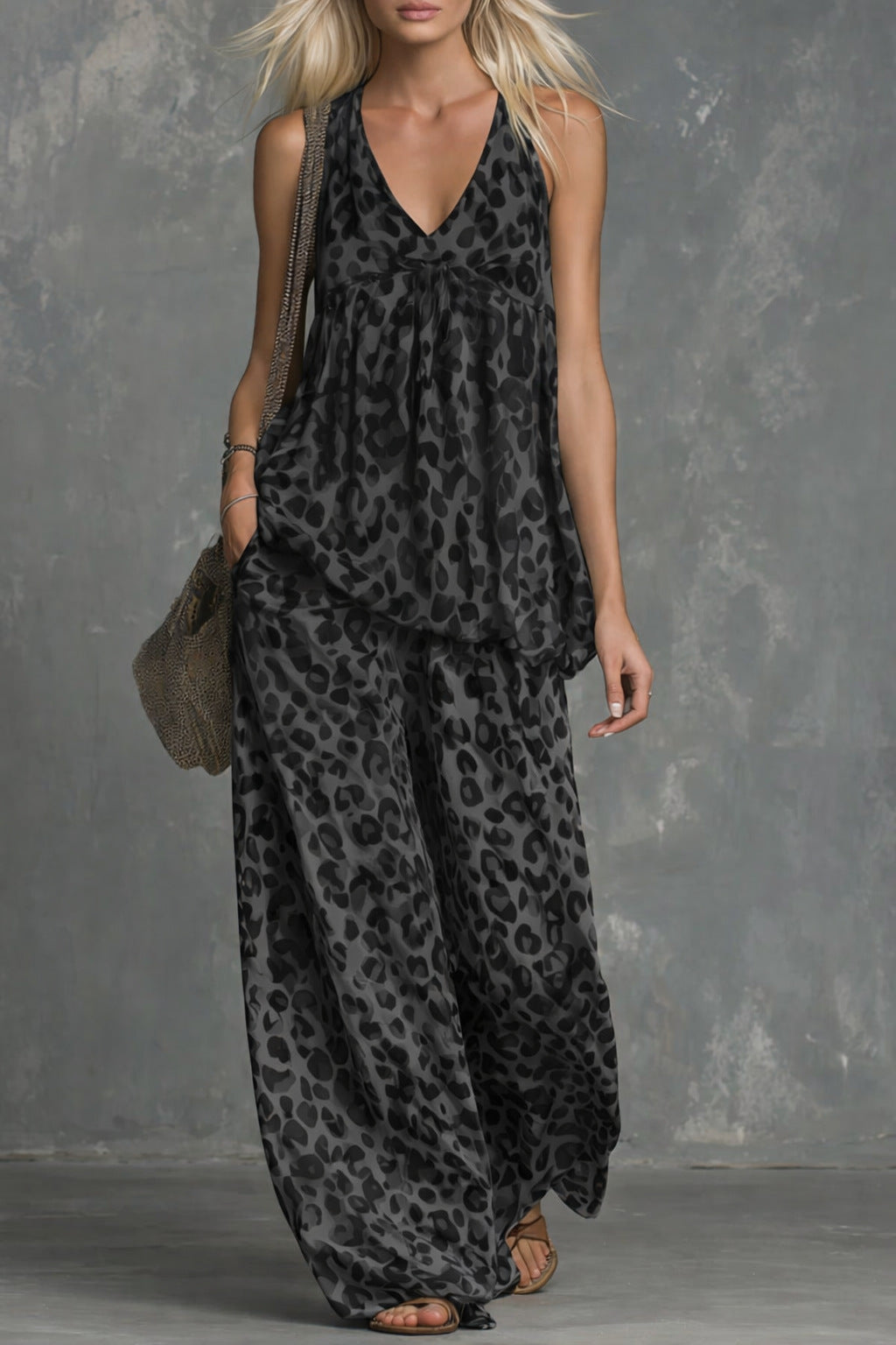 Women’s Leopard Print Sleeveless Top and Chiffon Pants Set