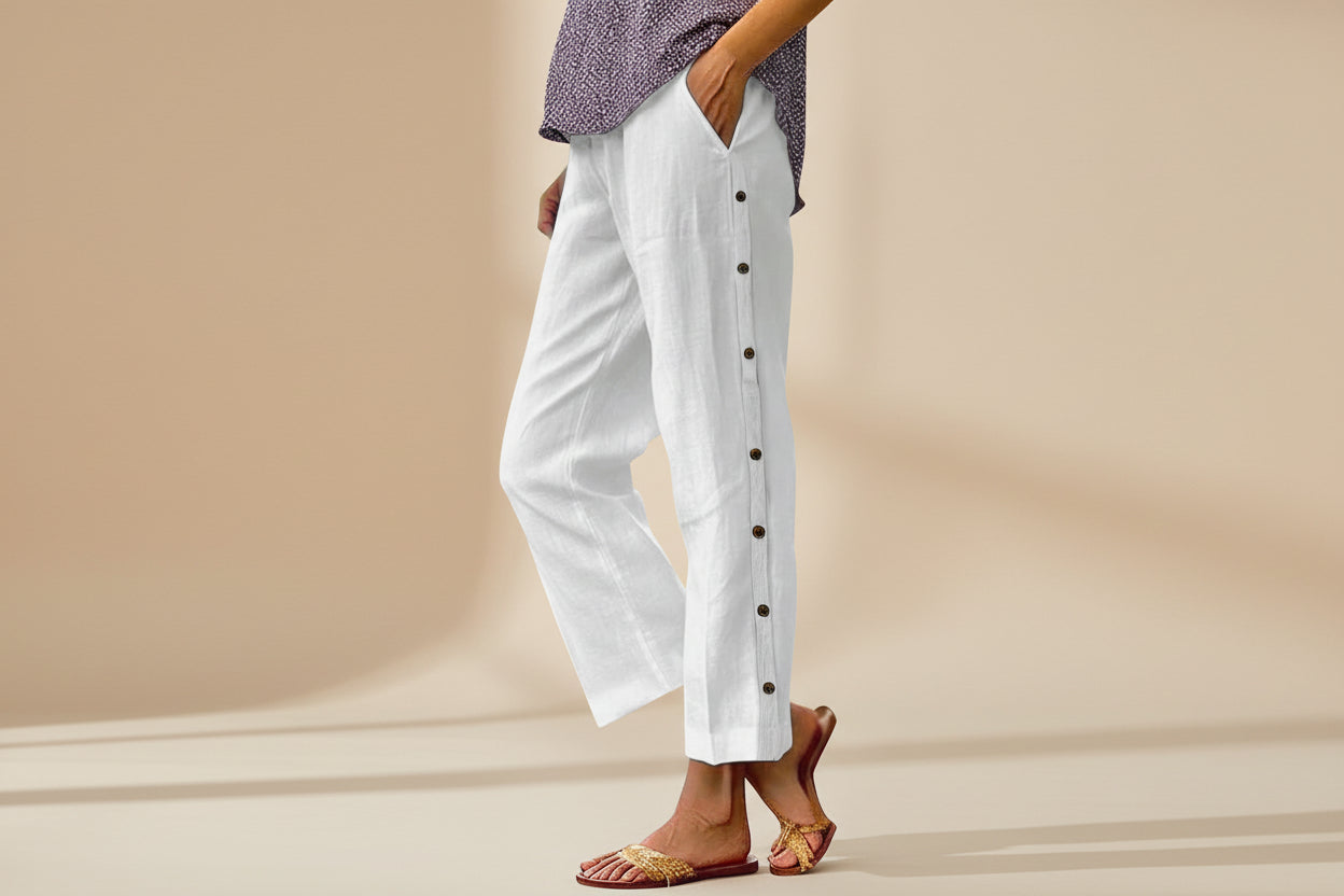 Cropped Pants With Decorative Buttons Along the Side Seams