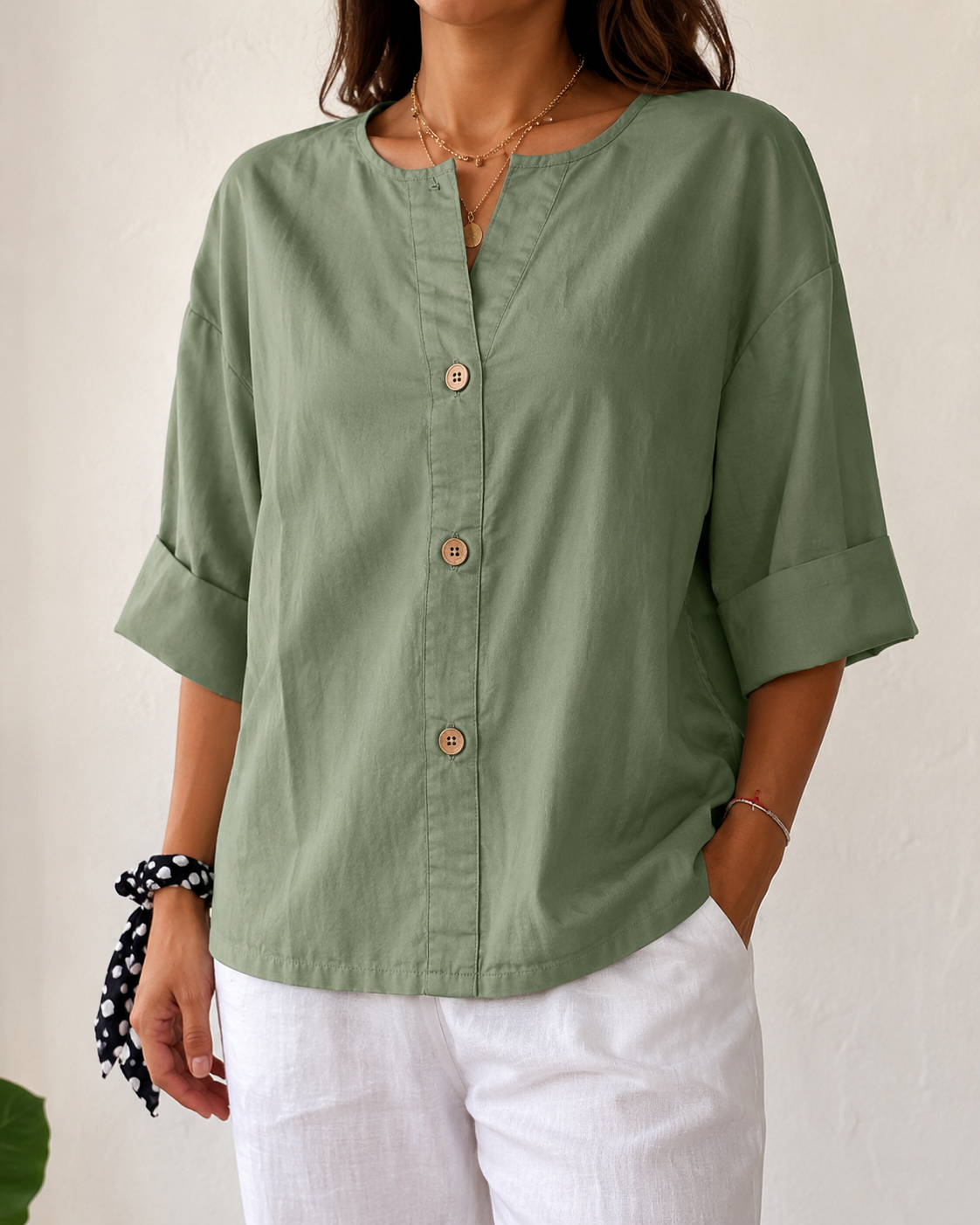 Women's V-Neck Buttoned Blouse