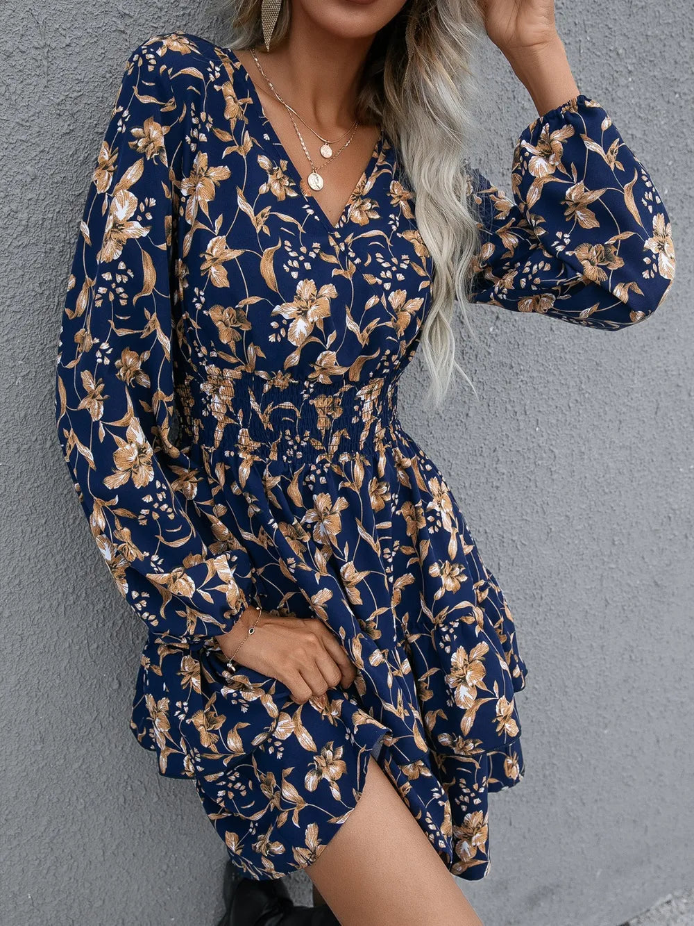 🌸 Floral Layered Surplice Balloon Sleeve Dress
