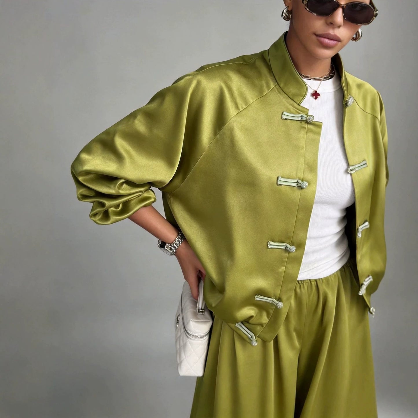 Women's Satin Two-Piece Set — Frog Button Jacket & Wide Leg Pants