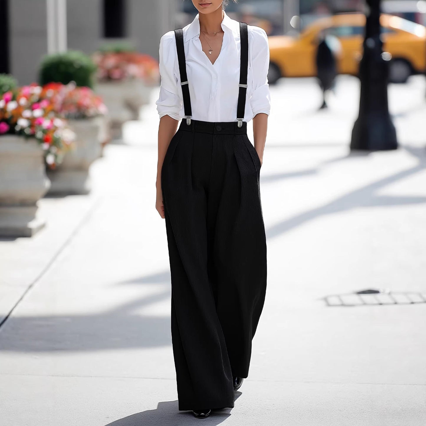 Women's High Waist Wide Leg Pants with Detachable Shoulder Straps & Pockets