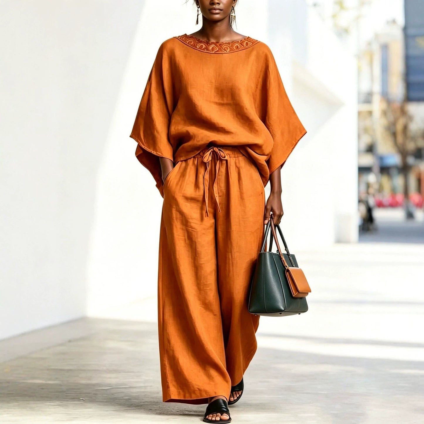 Women's Lace Trim Batwing Top & Wide-Leg Pants Two-Piece Set