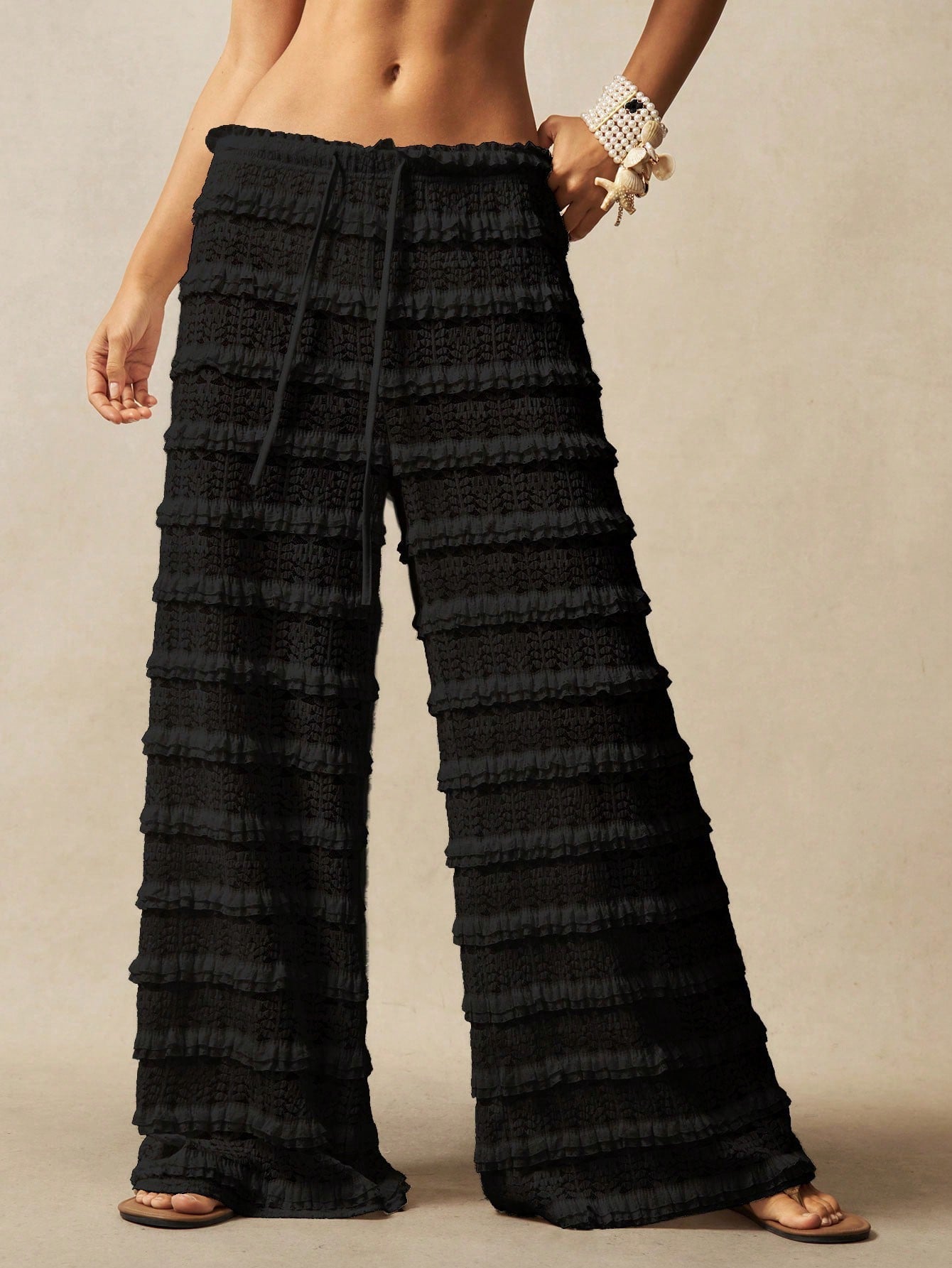Women's Lace Jacquard Wide-Leg Pants – Hollow-Out Ruffle Patchwork Tie-Up Boho Trousers