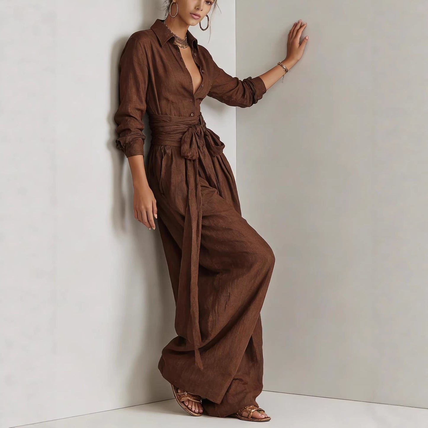 Women's Collar Long Sleeve Top & High-Waist Pants Two-Piece Set – 5 Colors
