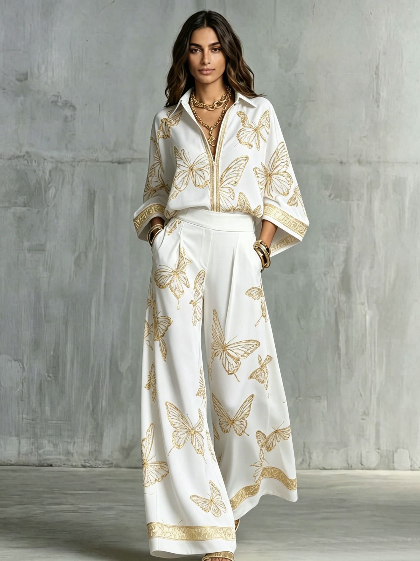 Women's Deep V-Neck Zipper Top & Wide Leg Pants Two-Piece Set