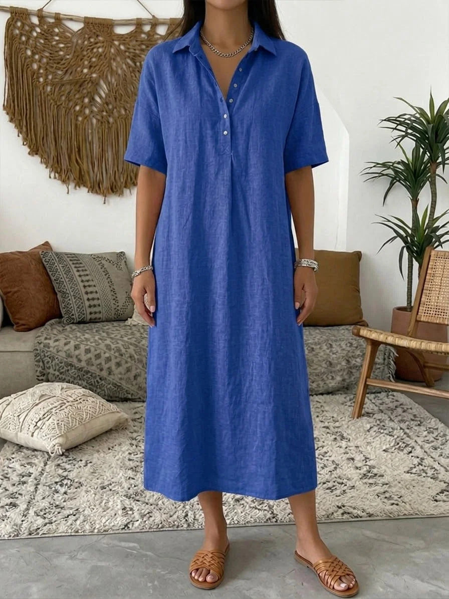 Women's Linen Blend Short Sleeve Polo Neck Maxi Dress