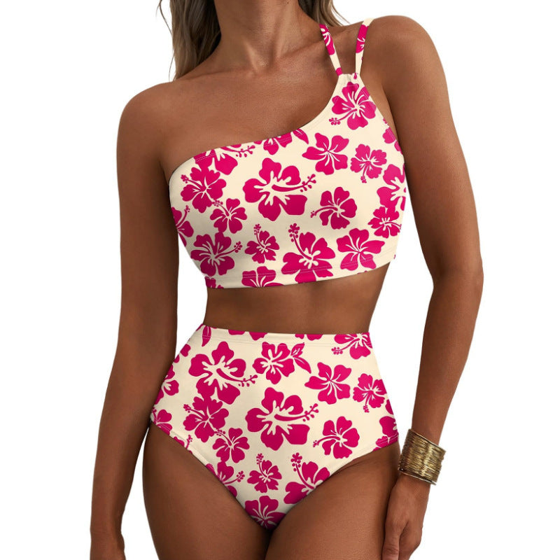 One-Shoulder Floral High-Waisted Bikini Set – Belly-Cinching Two-Piece Swimsuit