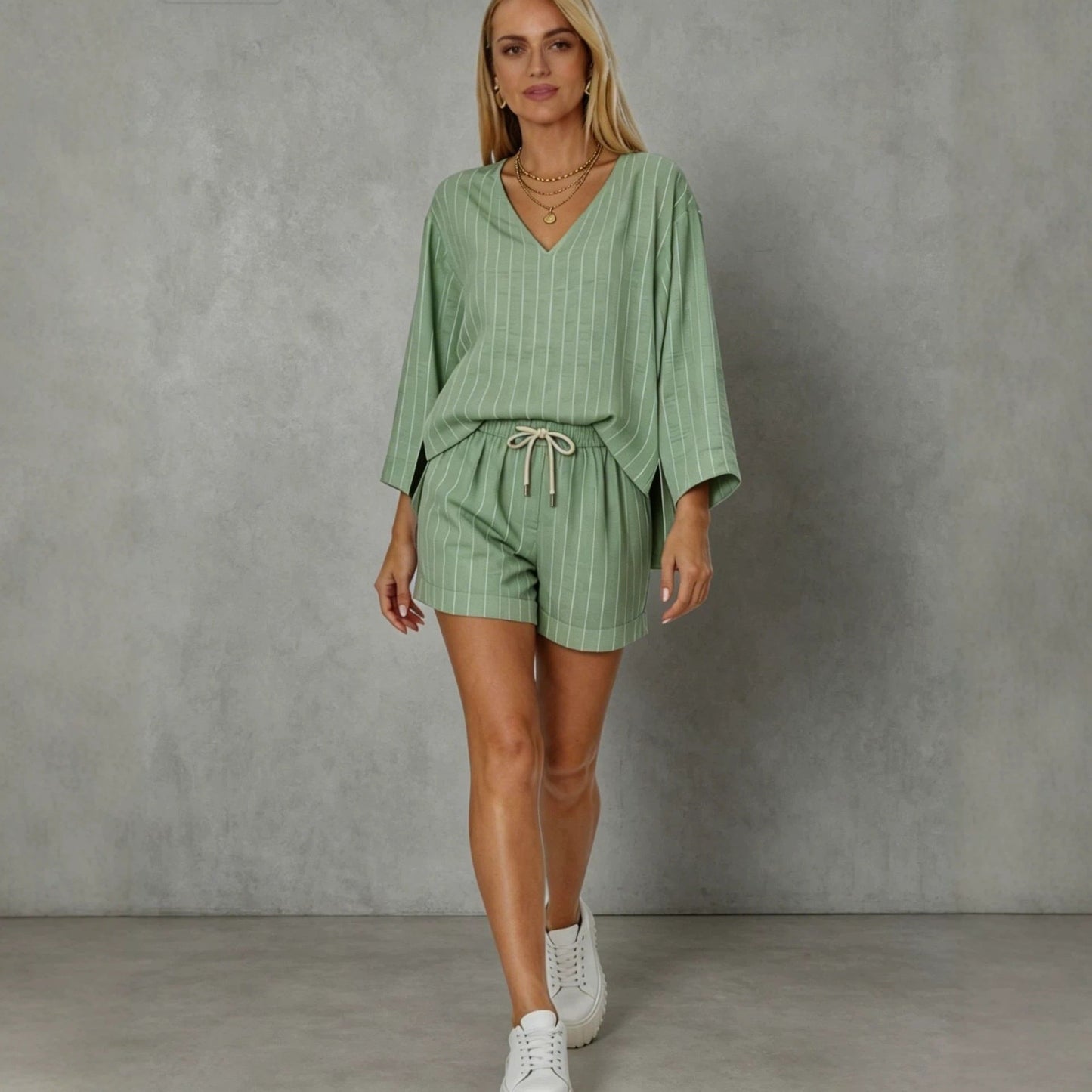 Women's Loose V-Neck Long Sleeve Striped Shorts Set – Casual Leisure