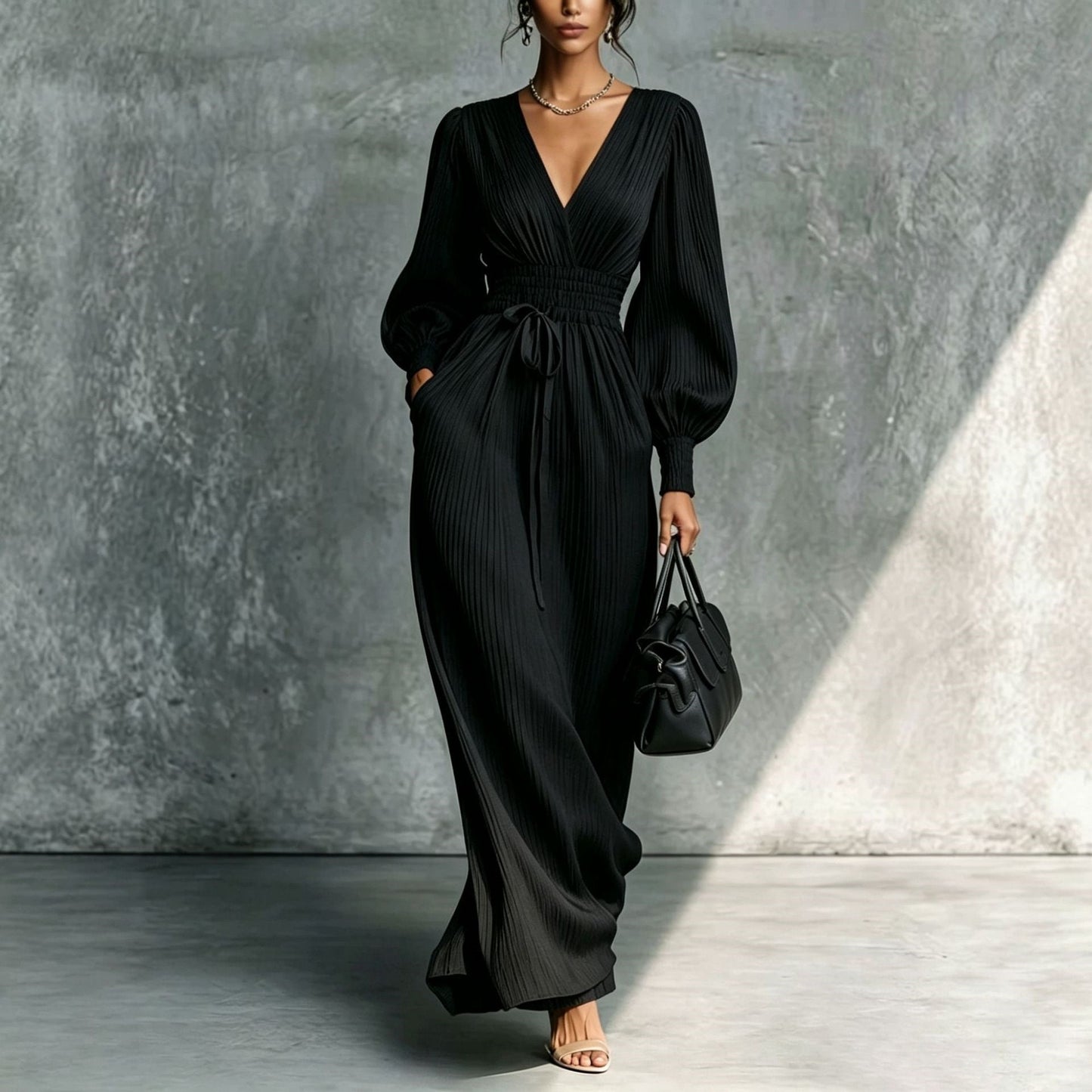 Women's Deep V-Neck Pleated Bishop Sleeve Smocked Waist Maxi Dress