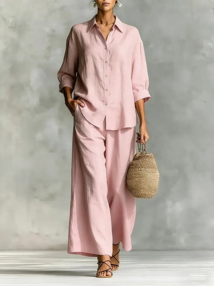 Cotton-Linen Shirt & Wide-Leg Pants Suit – 6 Colors, S–5XL