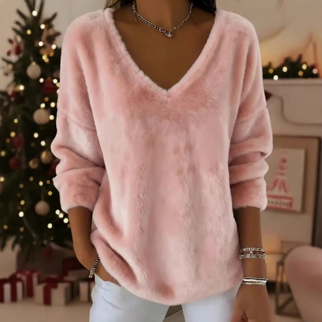 Women’s Plush V Neck Drop Shoulder Pullover Sweater