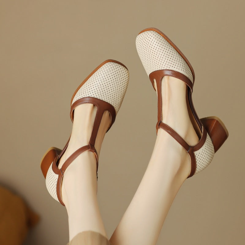 Women's Leather T-Strap Mule Sandals