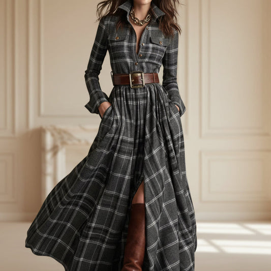 Women's Plus Size Plaid Print Long Sleeve Shirt Dress with Pockets