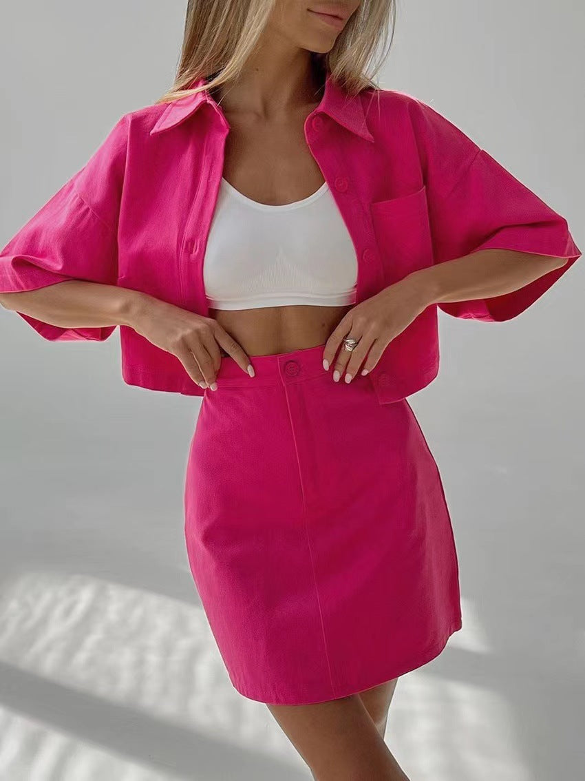 Women's Preppy Three-Quarter Sleeve Button Top & Mini Skirt Set
