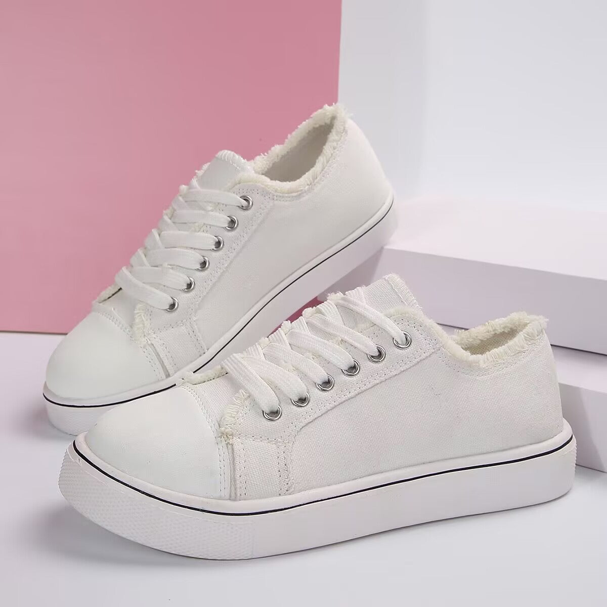 Women's Lace-Up Canvas Sneakers – Lightweight Flat Low-Top