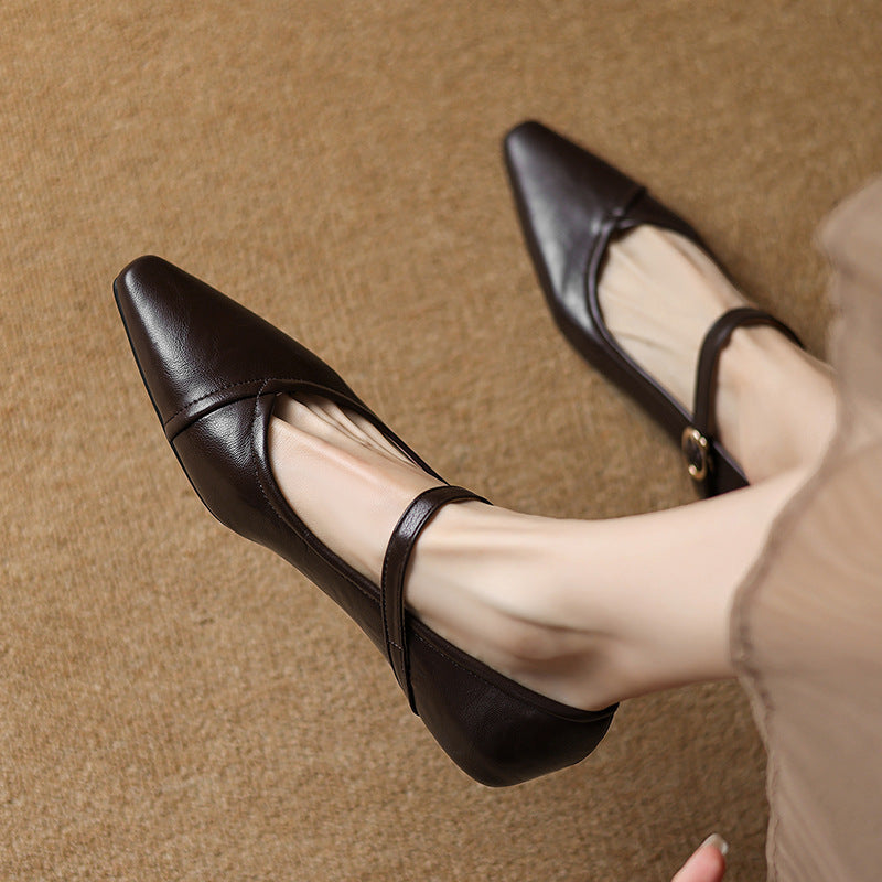 Women's Pointed Toe Low Square Heel Buckle Flats – Floral Detail Dress Shoes